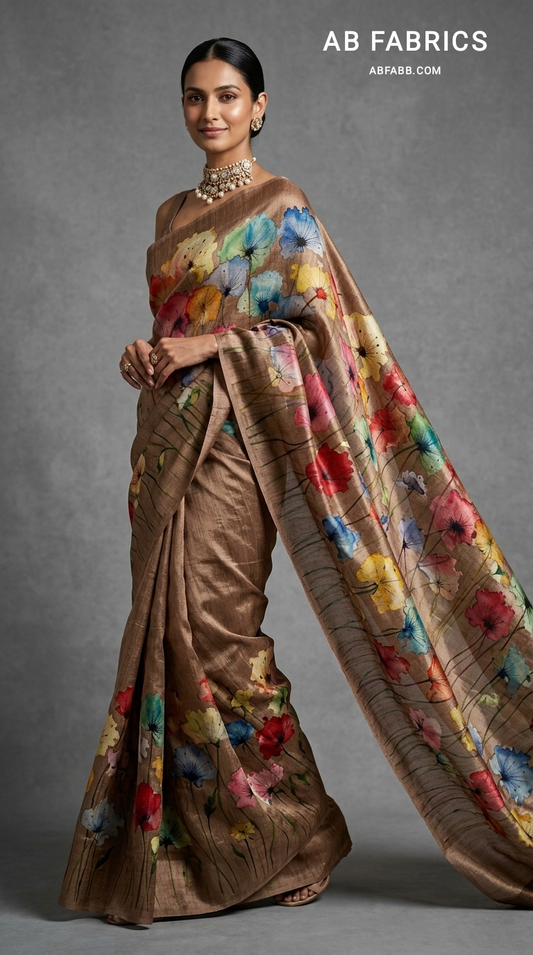 Coffee Brown Blossom Garden Hand-Painted Pure Tussar Silk Saree
