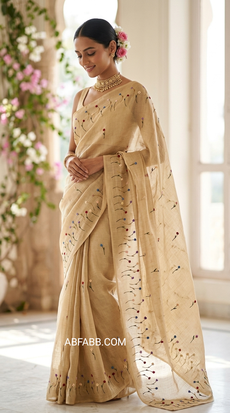 Beige Vasundhara Floral Hand-Embroidered Pure Linen Saree