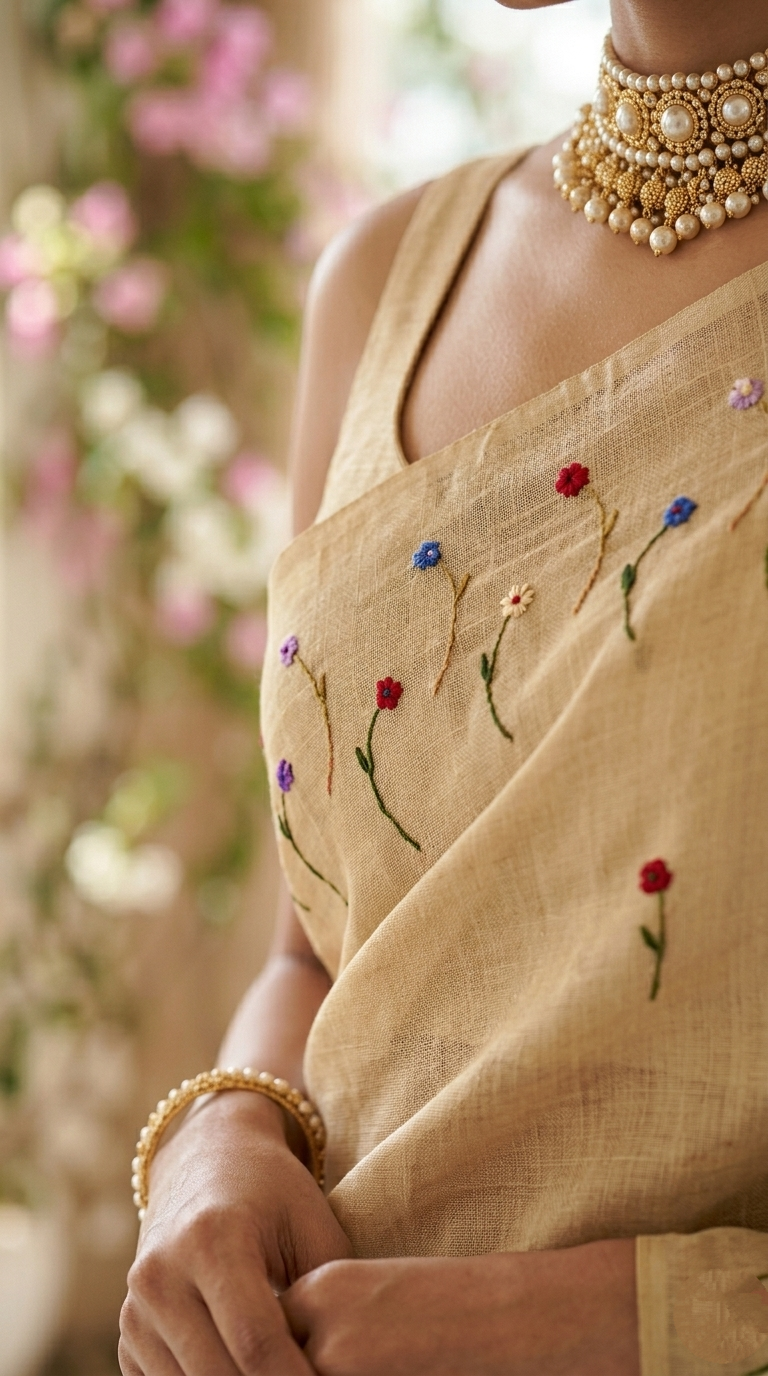 Beige Vasundhara Floral Hand-Embroidered Pure Linen Saree