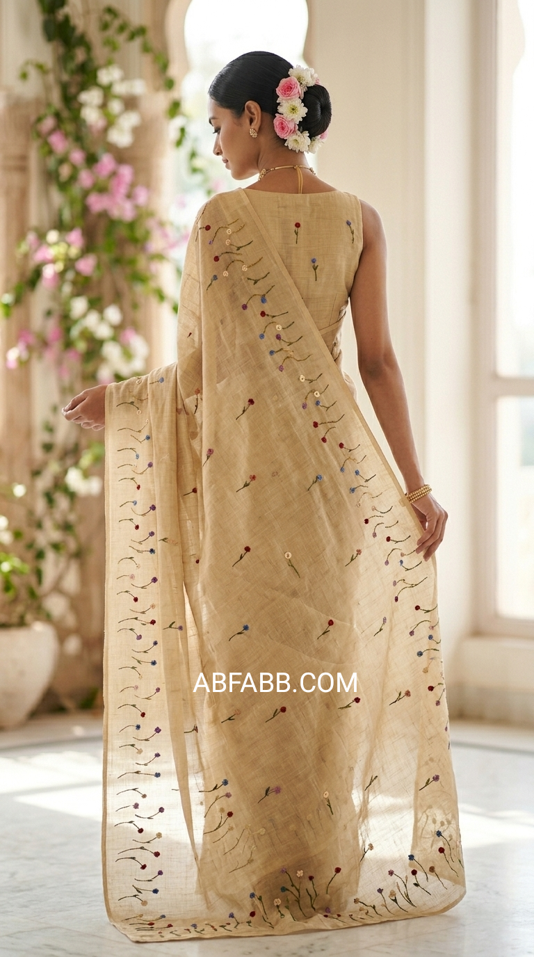 Beige Vasundhara Floral Hand-Embroidered Pure Linen Saree