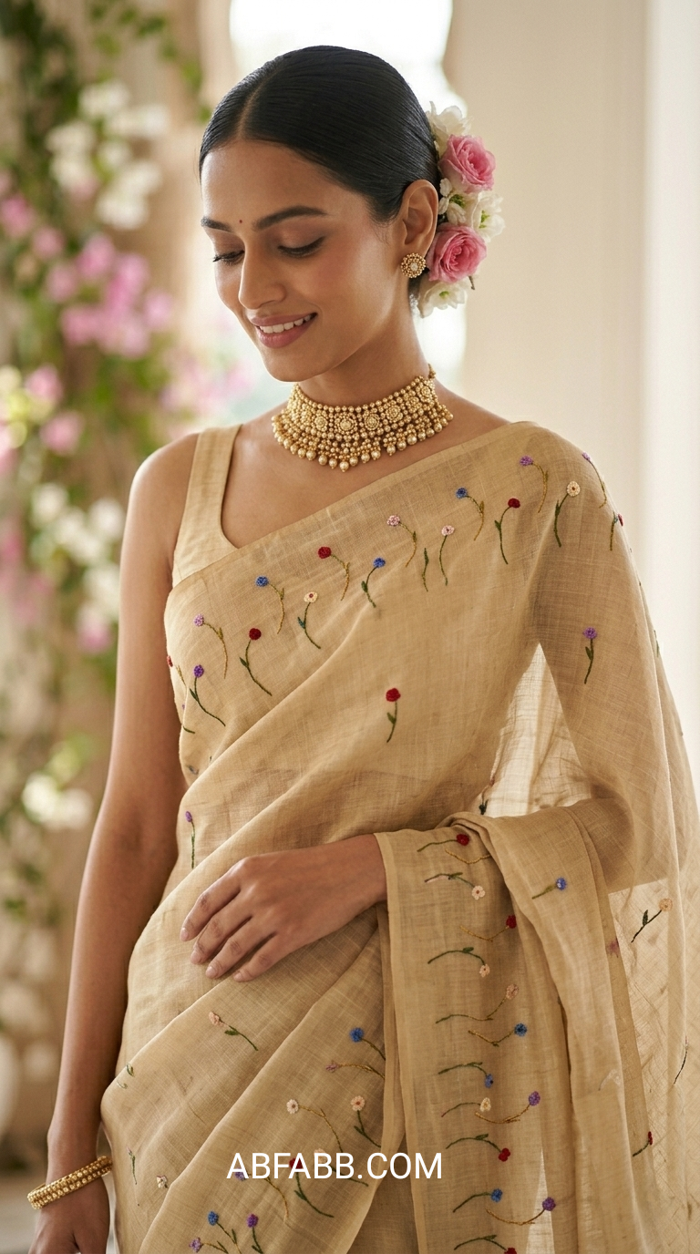 Beige Vasundhara Floral Hand-Embroidered Pure Linen Saree