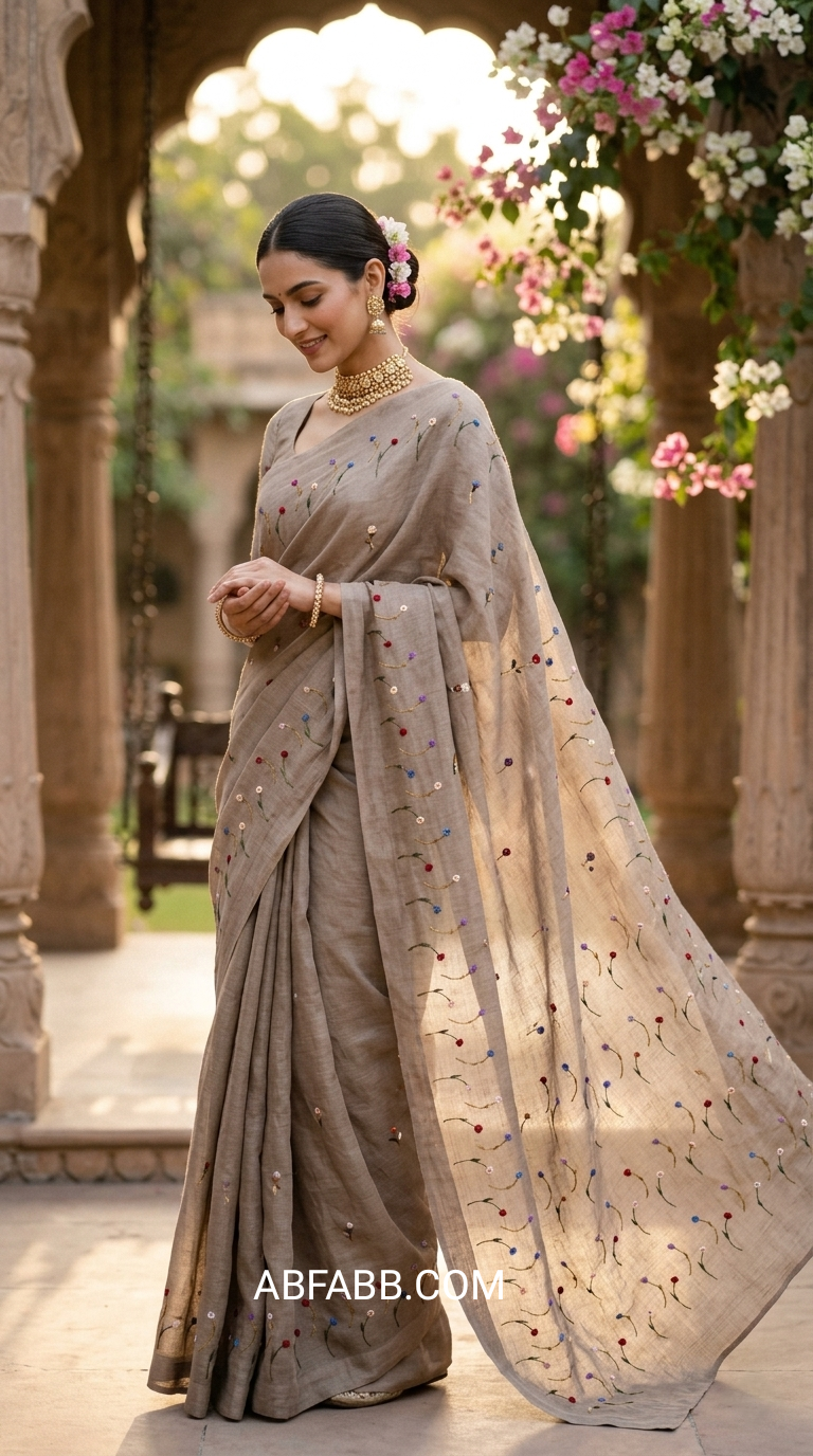 Taupe Vasundhara Floral Hand-Embroidered Pure Linen Saree