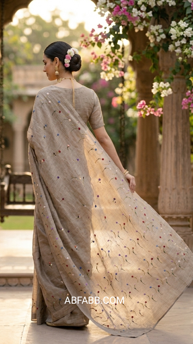 Taupe Vasundhara Floral Hand-Embroidered Pure Linen Saree