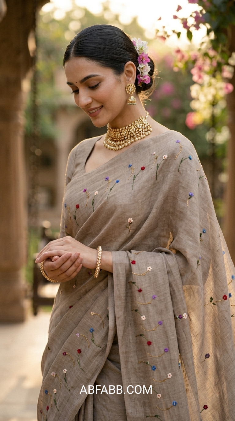 Taupe Vasundhara Floral Hand-Embroidered Pure Linen Saree