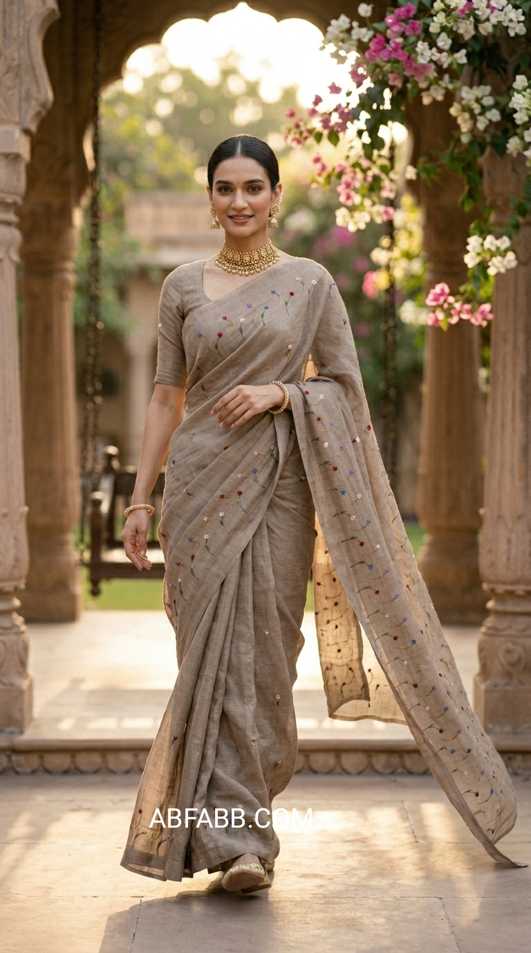 Taupe Vasundhara Floral Hand-Embroidered Pure Linen Saree