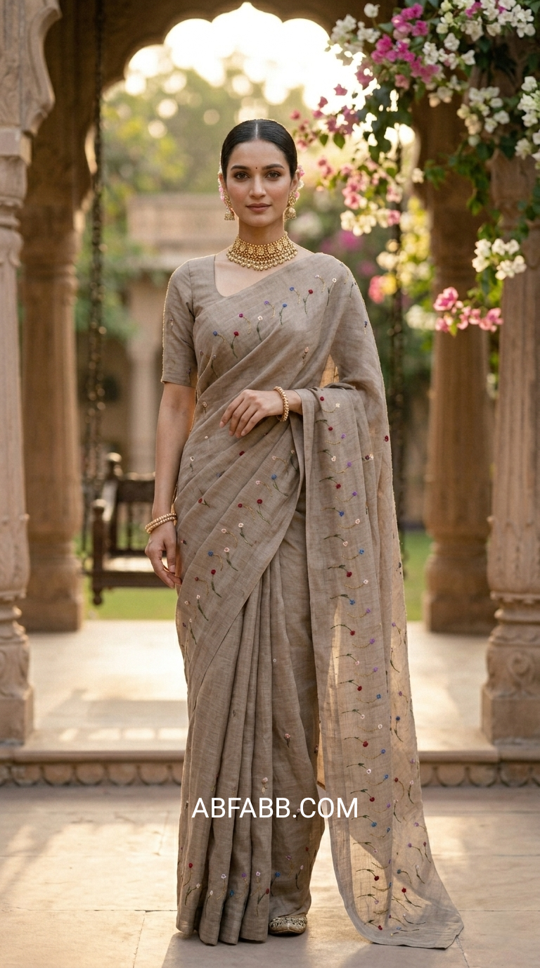 Taupe Vasundhara Floral Hand-Embroidered Pure Linen Saree