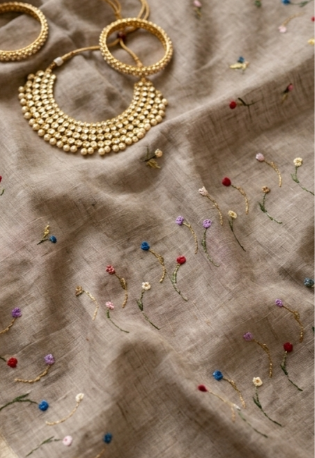 Taupe Vasundhara Floral Hand-Embroidered Pure Linen Saree