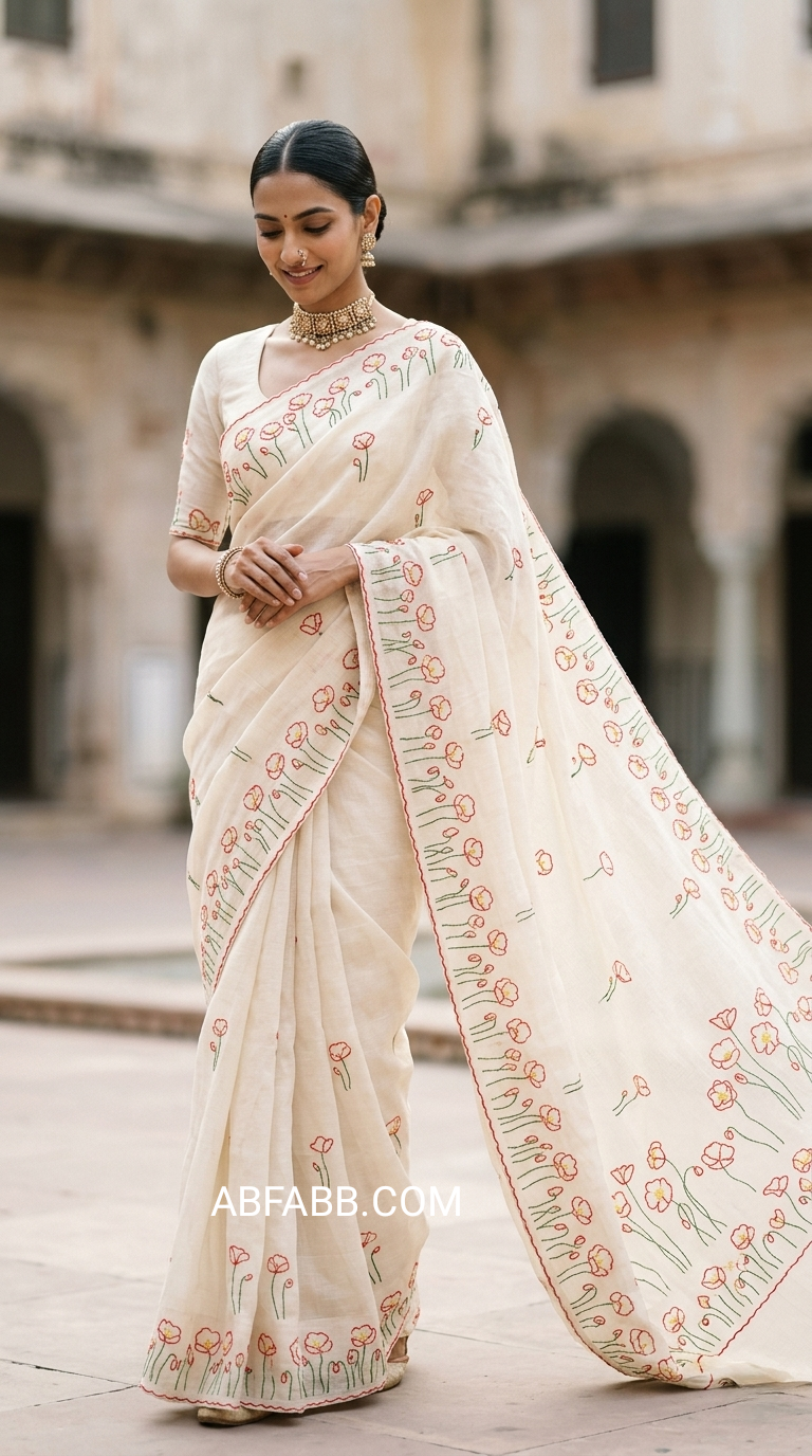 Cream White Meadow Bloom Hand Embroidered Pure Linen Saree
