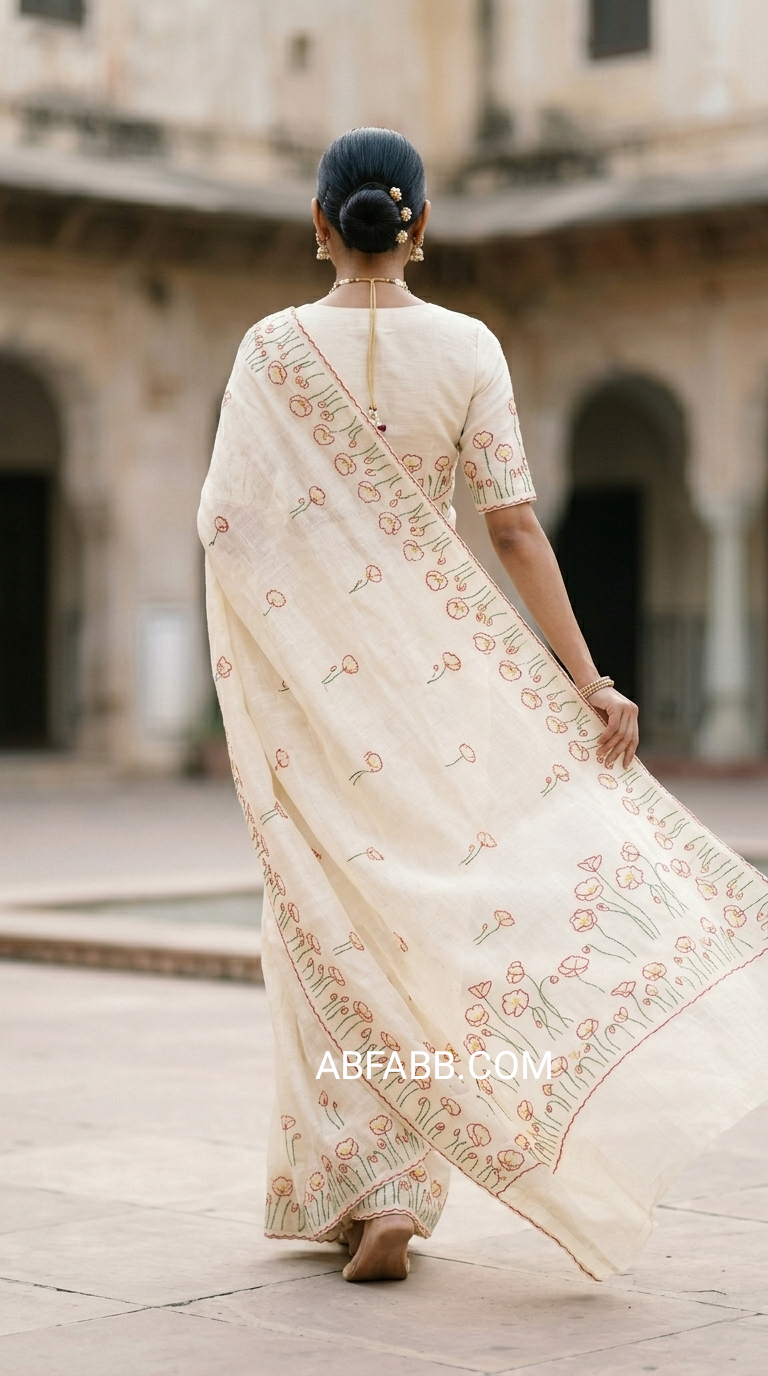 Cream White Meadow Bloom Hand Embroidered Pure Linen Saree
