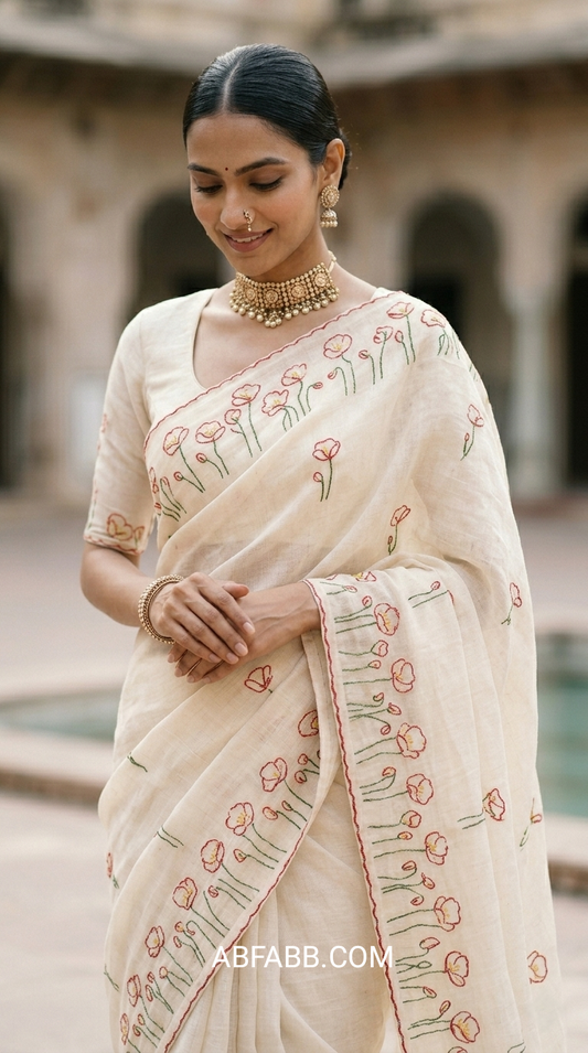 Cream White Meadow Bloom Hand Embroidered Pure Linen Saree