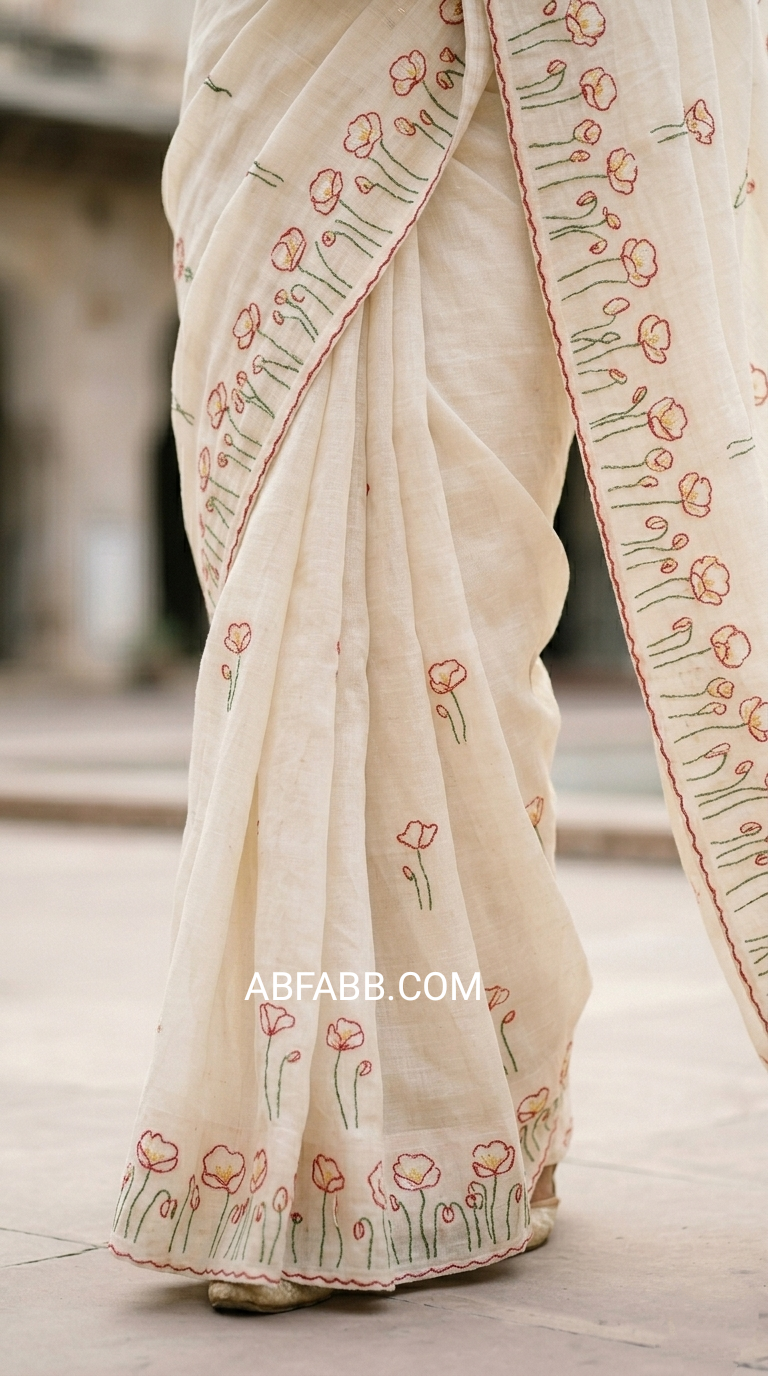 Cream White Meadow Bloom Hand Embroidered Pure Linen Saree