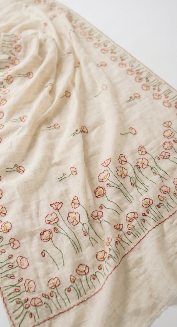 Cream White Meadow Bloom Hand Embroidered Pure Linen Saree