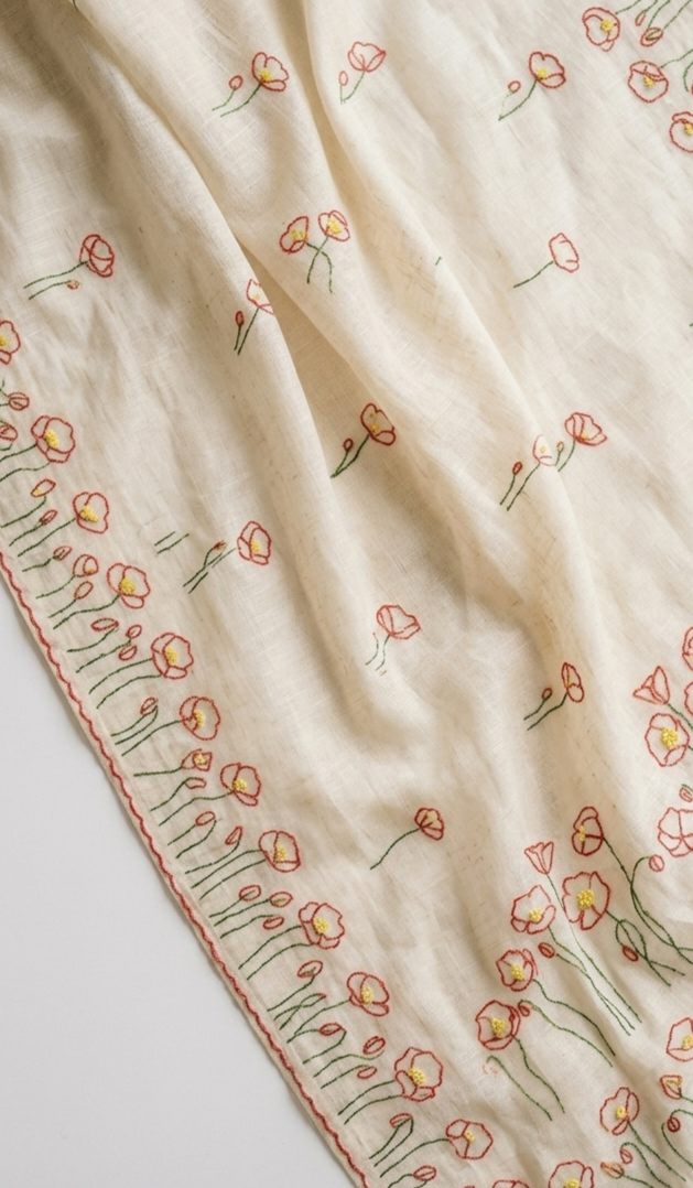 Cream White Meadow Bloom Hand Embroidered Pure Linen Saree