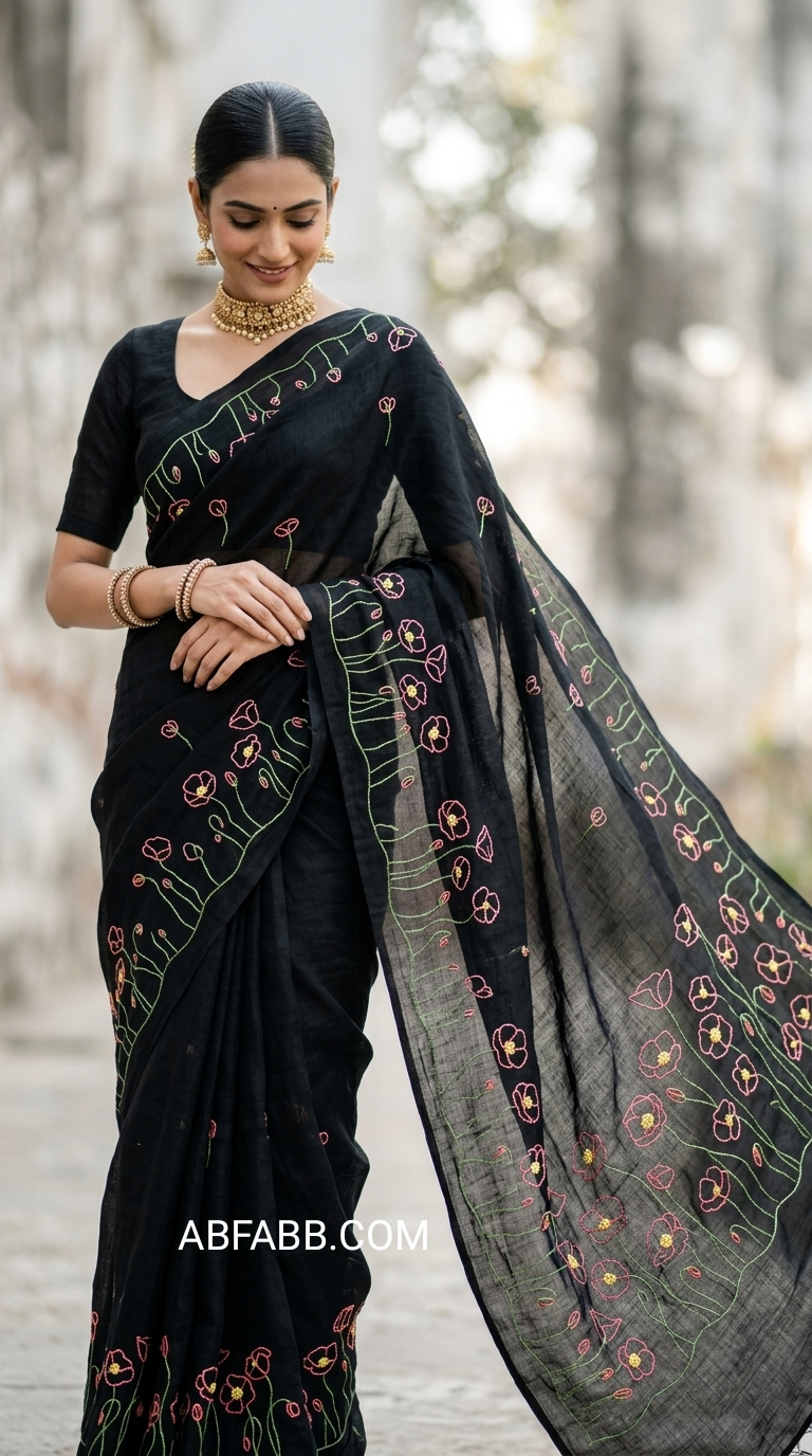 Black Meadow Bloom Hand Embroidered Pure Linen Saree