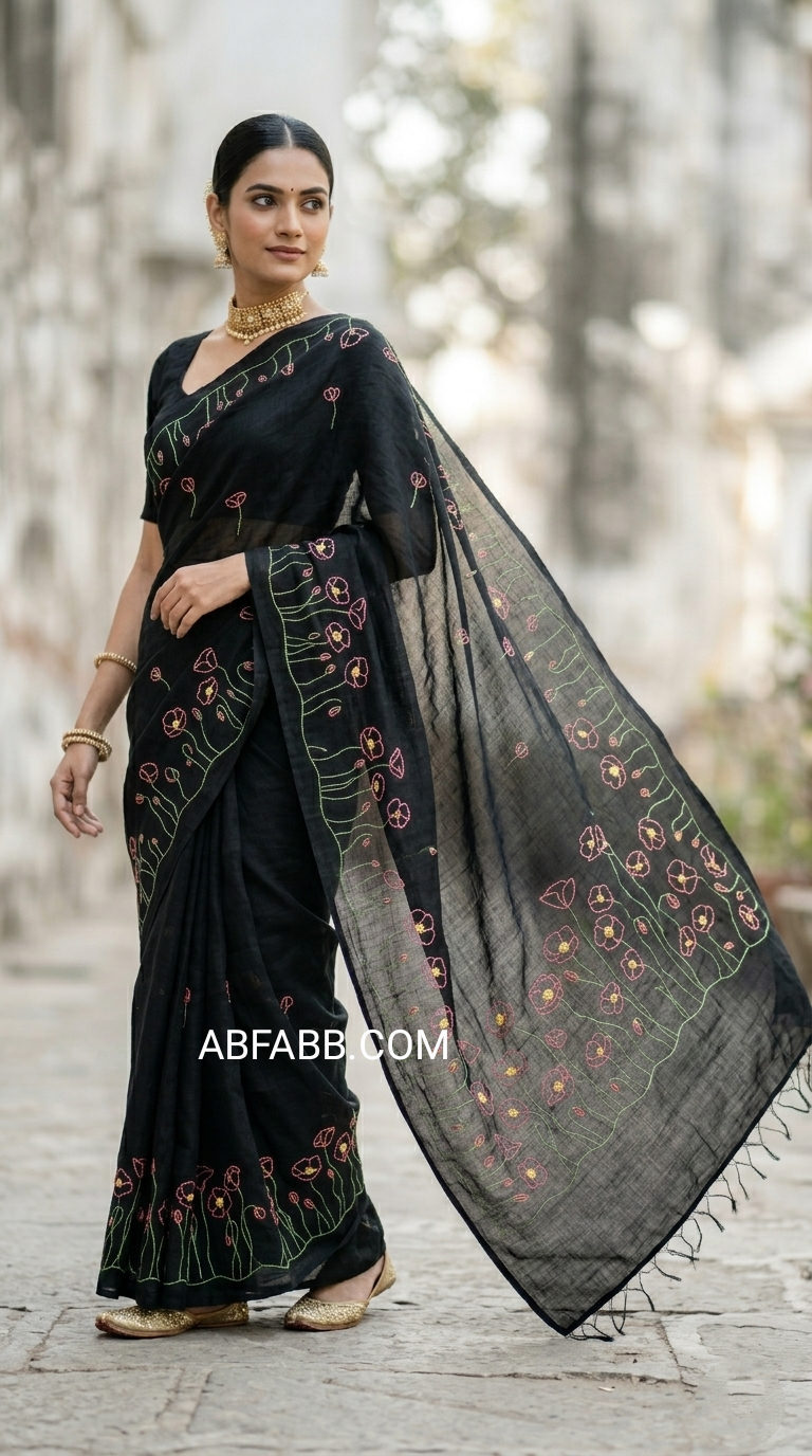 Black Meadow Bloom Hand Embroidered Pure Linen Saree