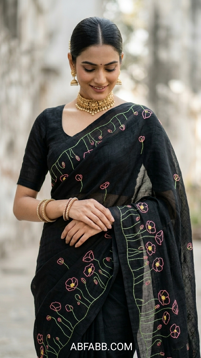 Black Meadow Bloom Hand Embroidered Pure Linen Saree