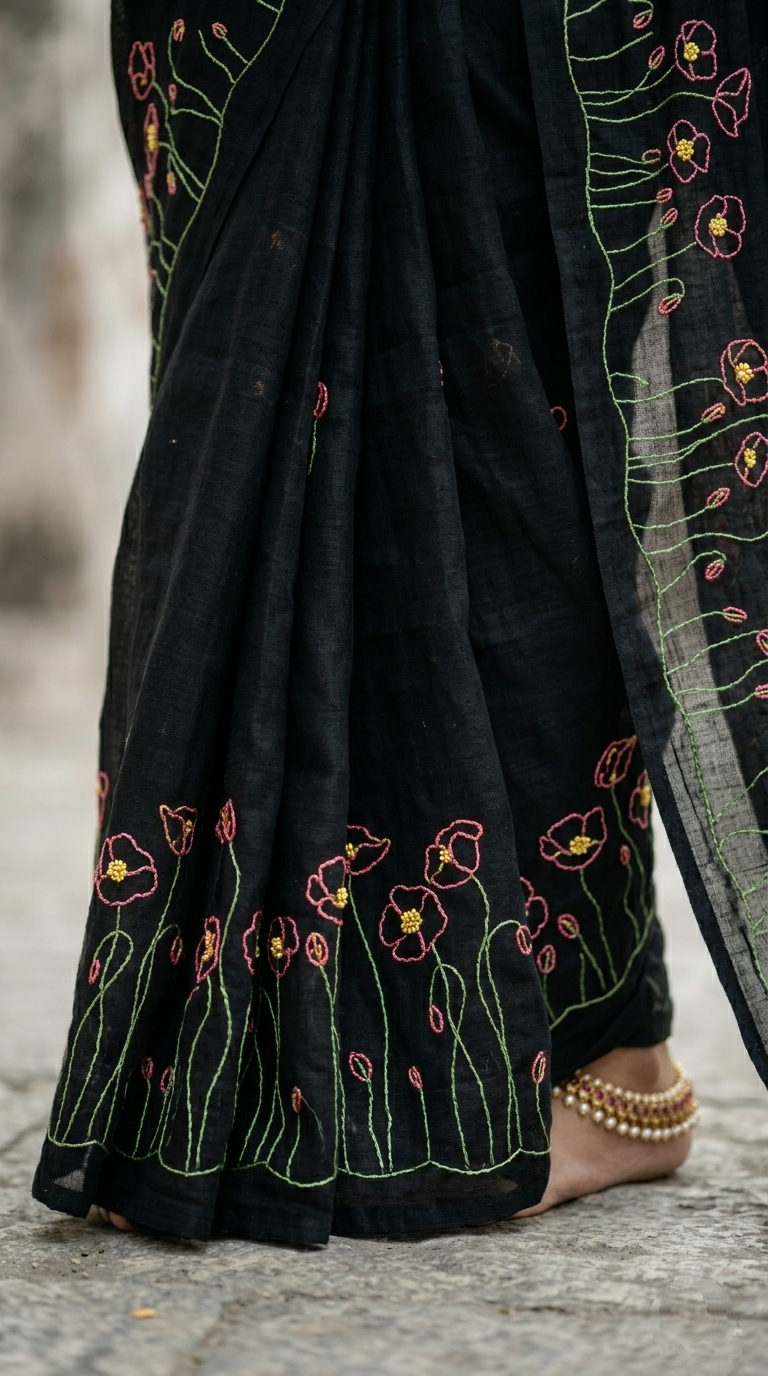 Black Meadow Bloom Hand Embroidered Pure Linen Saree