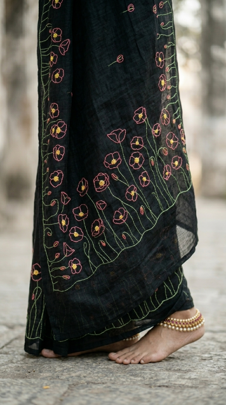 Black Meadow Bloom Hand Embroidered Pure Linen Saree