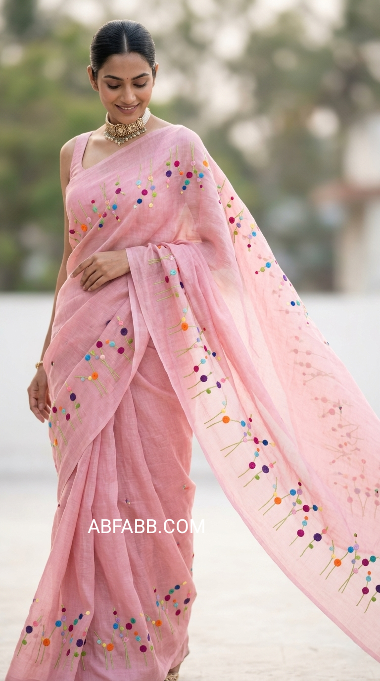 Blush Pink Bloom Hand Embroidered Pure Linen Saree