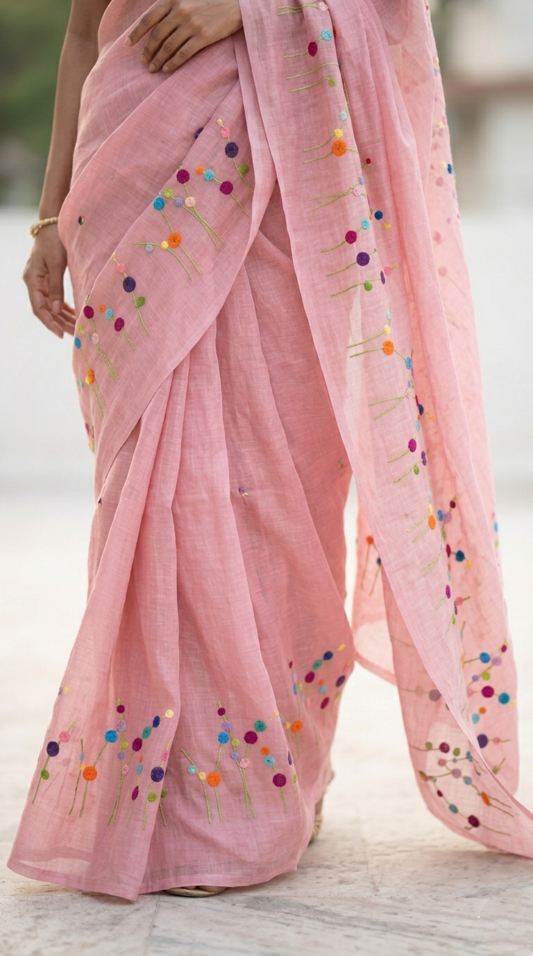 Blush Pink Bloom Hand Embroidered Pure Linen Saree