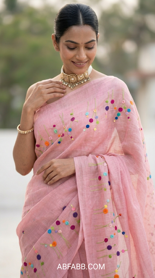 Blush Pink Bloom Hand Embroidered Pure Linen Saree