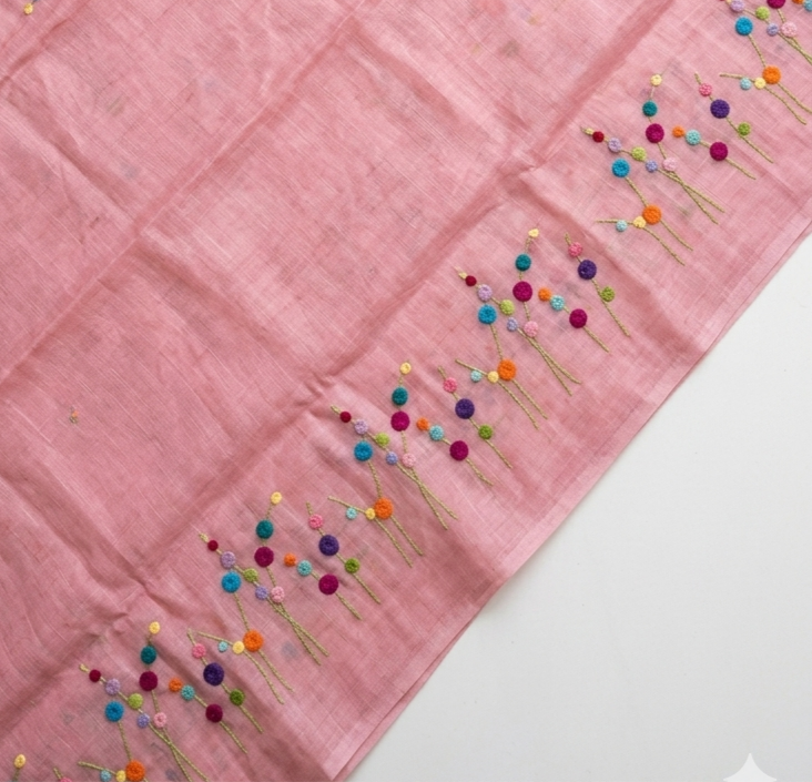 Blush Pink Bloom Hand Embroidered Pure Linen Saree