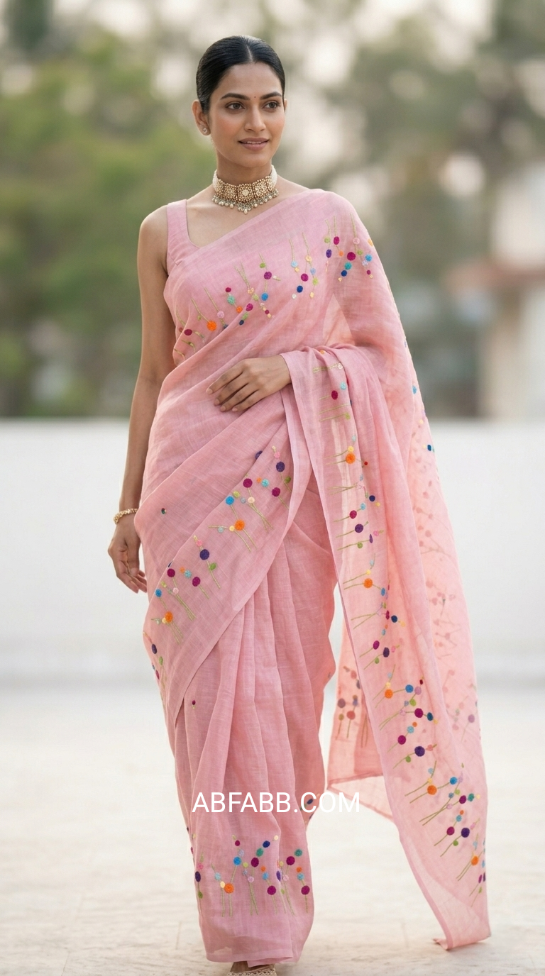 Blush Pink Bloom Hand Embroidered Pure Linen Saree