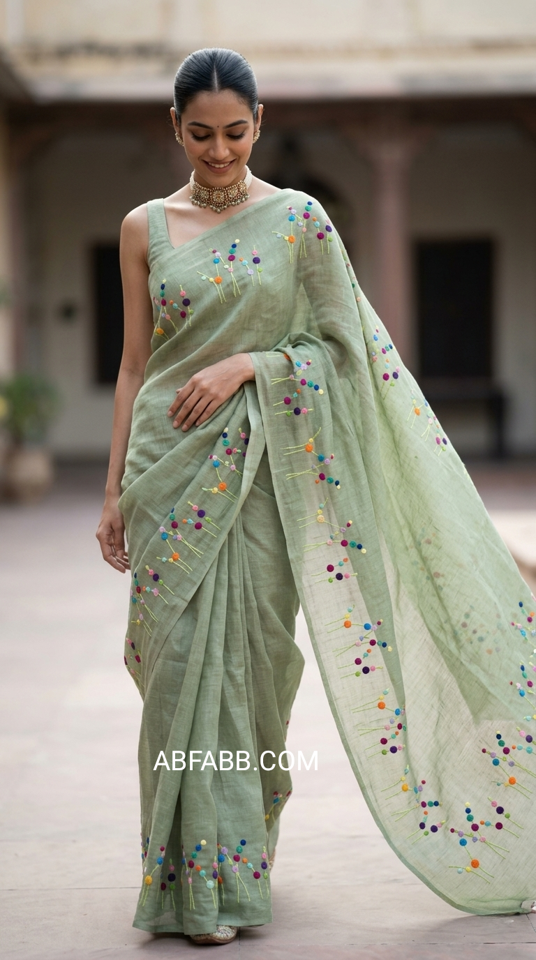 Sage Green Bloom Hand Embroidered Pure Linen Saree