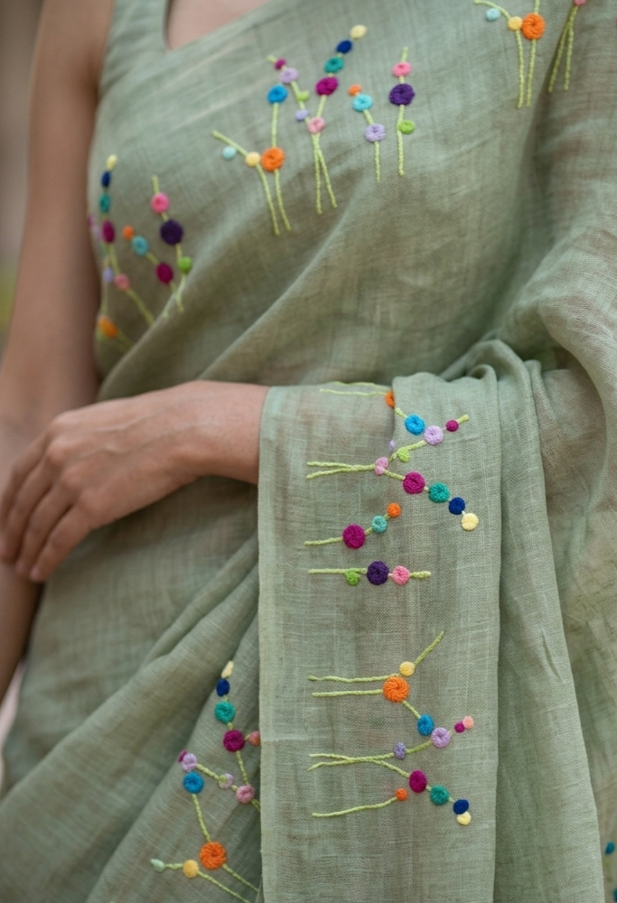Sage Green Bloom Hand Embroidered Pure Linen Saree