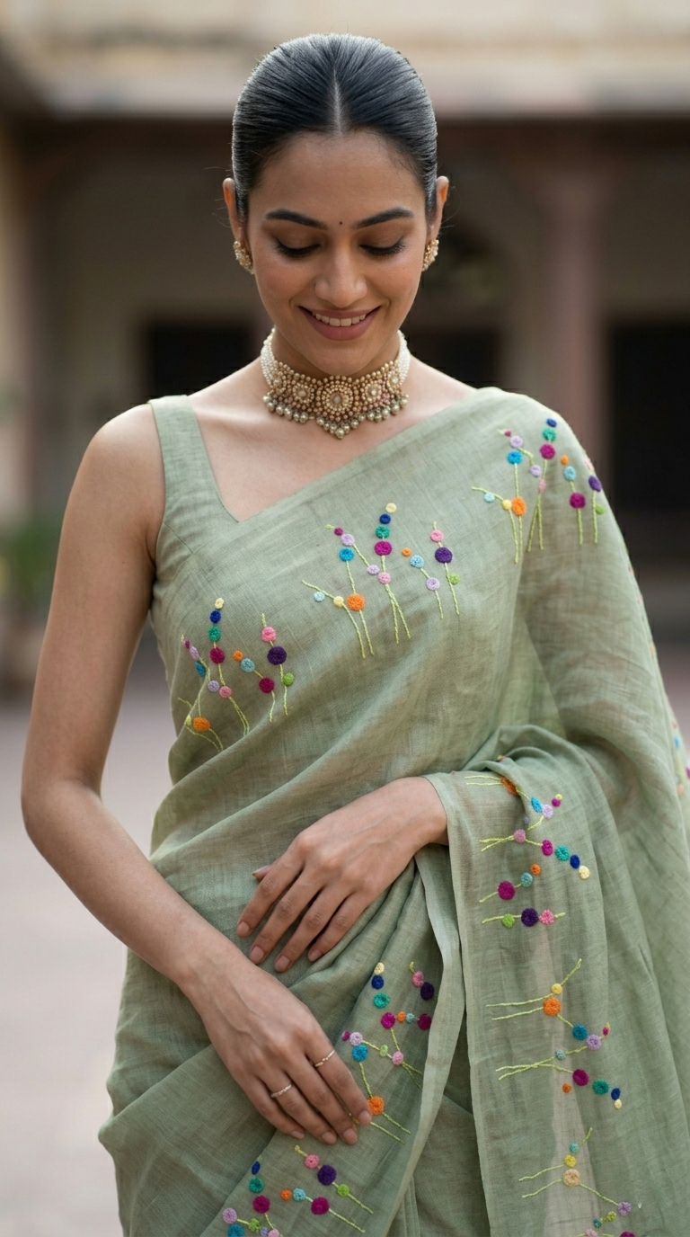 Sage Green Bloom Hand Embroidered Pure Linen Saree