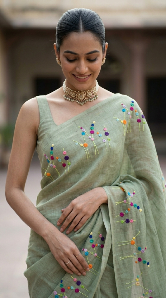 Sage Green Bloom Hand Embroidered Pure Linen Saree