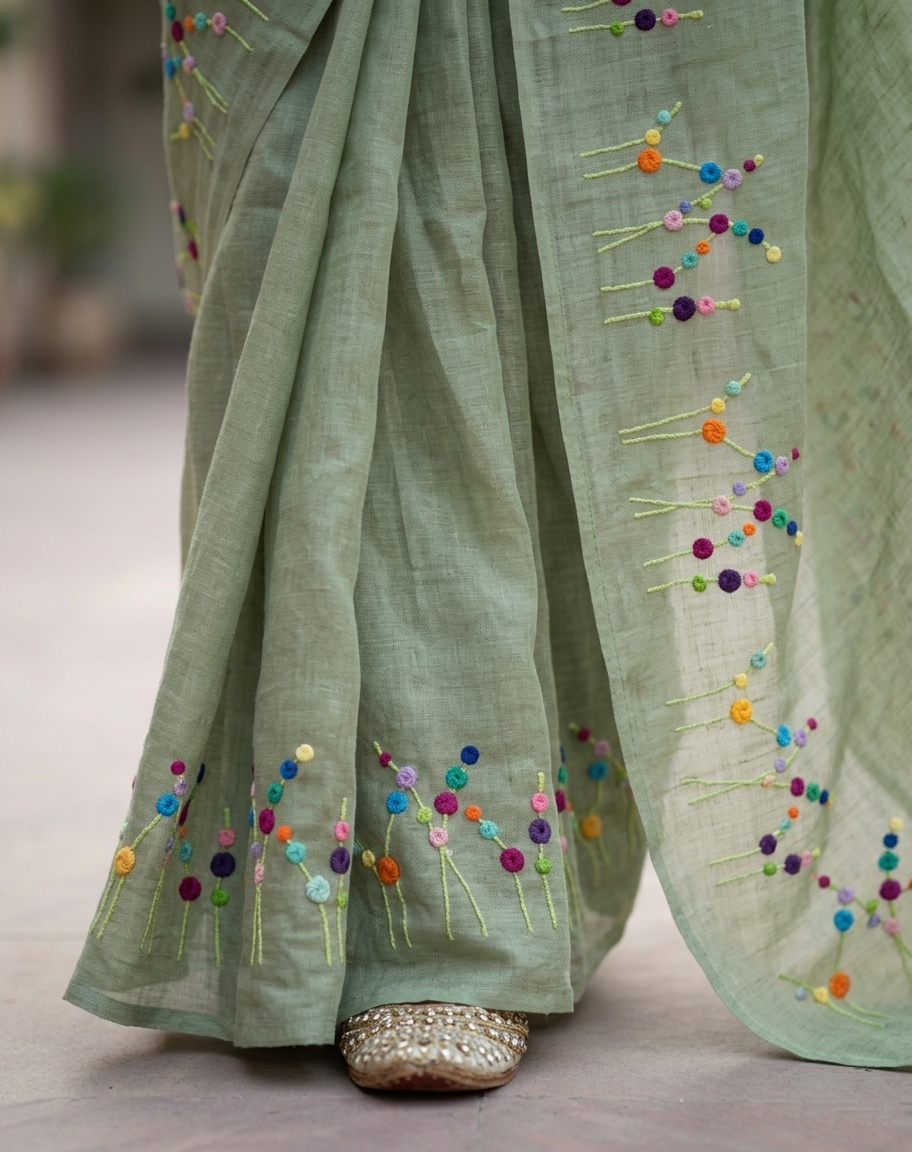 Sage Green Bloom Hand Embroidered Pure Linen Saree