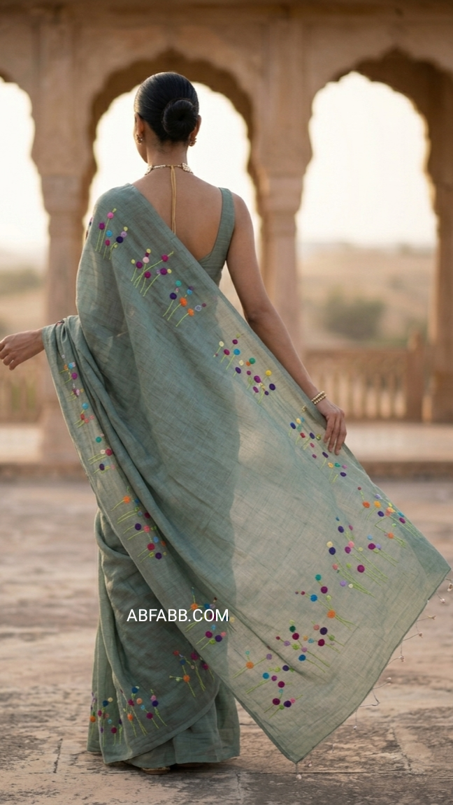 Sage Green Bloom Hand Embroidered Pure Linen Saree