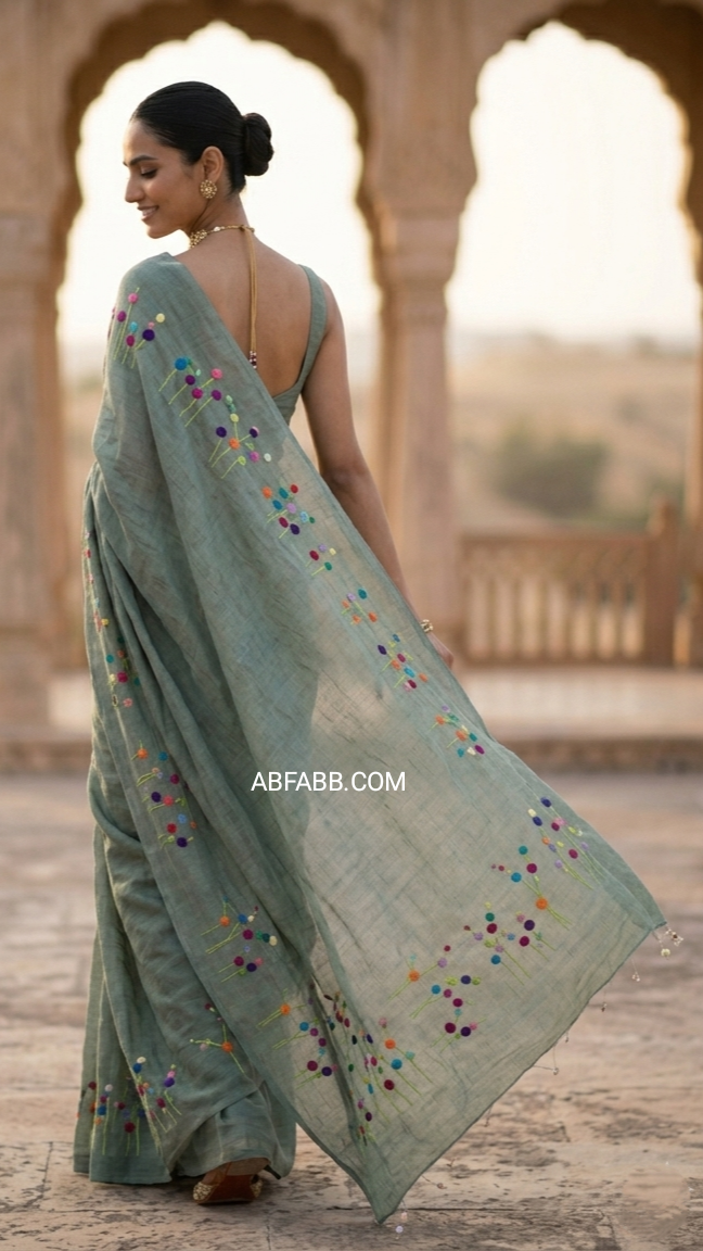 Misty Sage Bloom Embroidered Pure Linen Saree