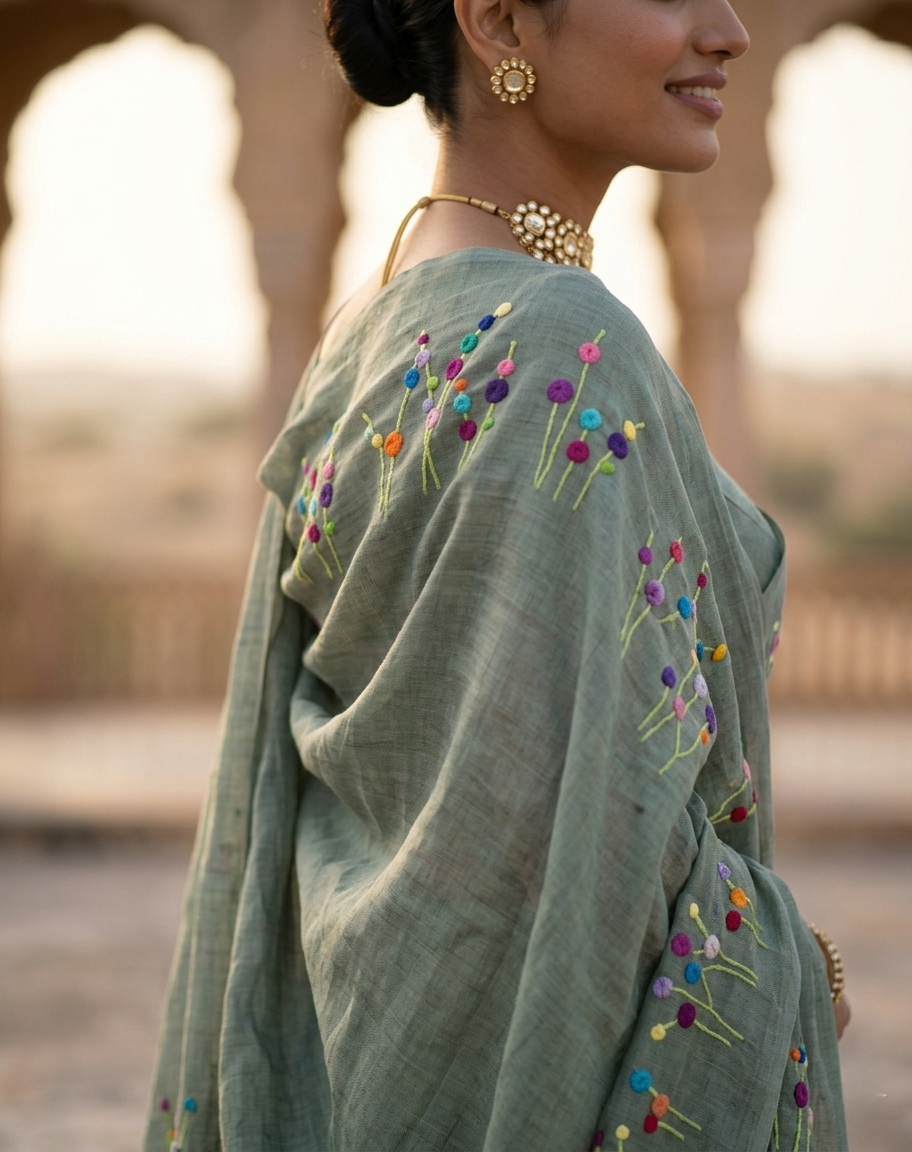 Misty Sage Bloom Embroidered Pure Linen Saree