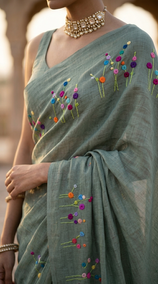 Misty Sage Bloom Embroidered Pure Linen Saree