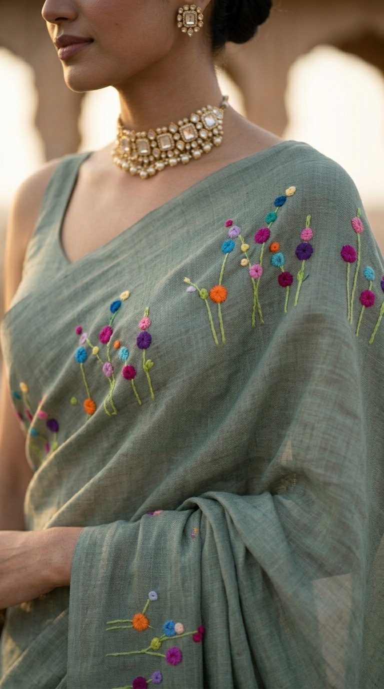 Misty Sage Bloom Embroidered Pure Linen Saree
