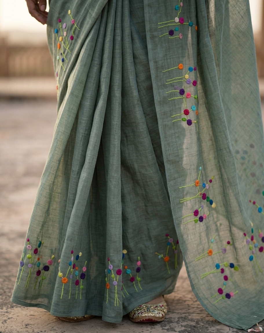 Misty Sage Bloom Embroidered Pure Linen Saree