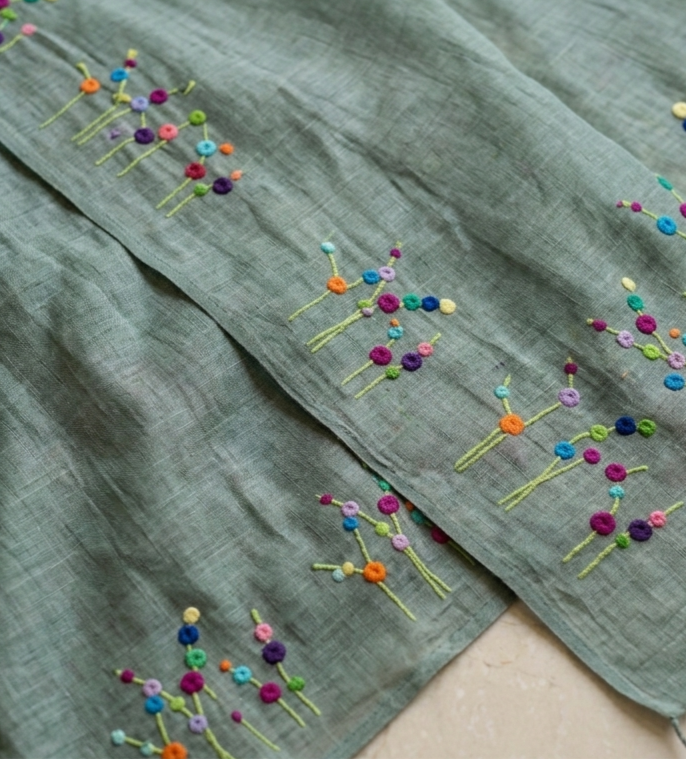 Misty Sage Bloom Embroidered Pure Linen Saree