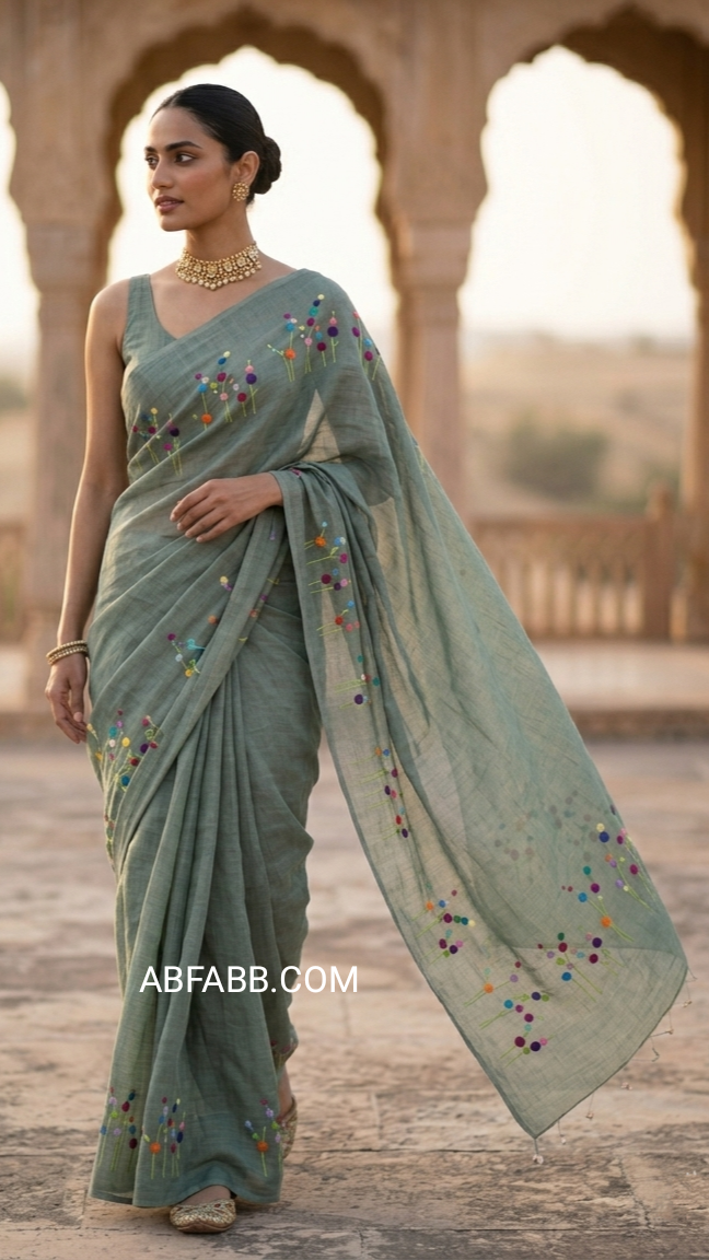 Misty Sage Bloom Embroidered Pure Linen Saree