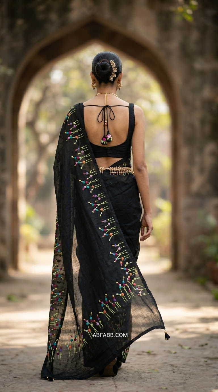 Black Midnight Wildflower Embroidery Pure Linen Saree