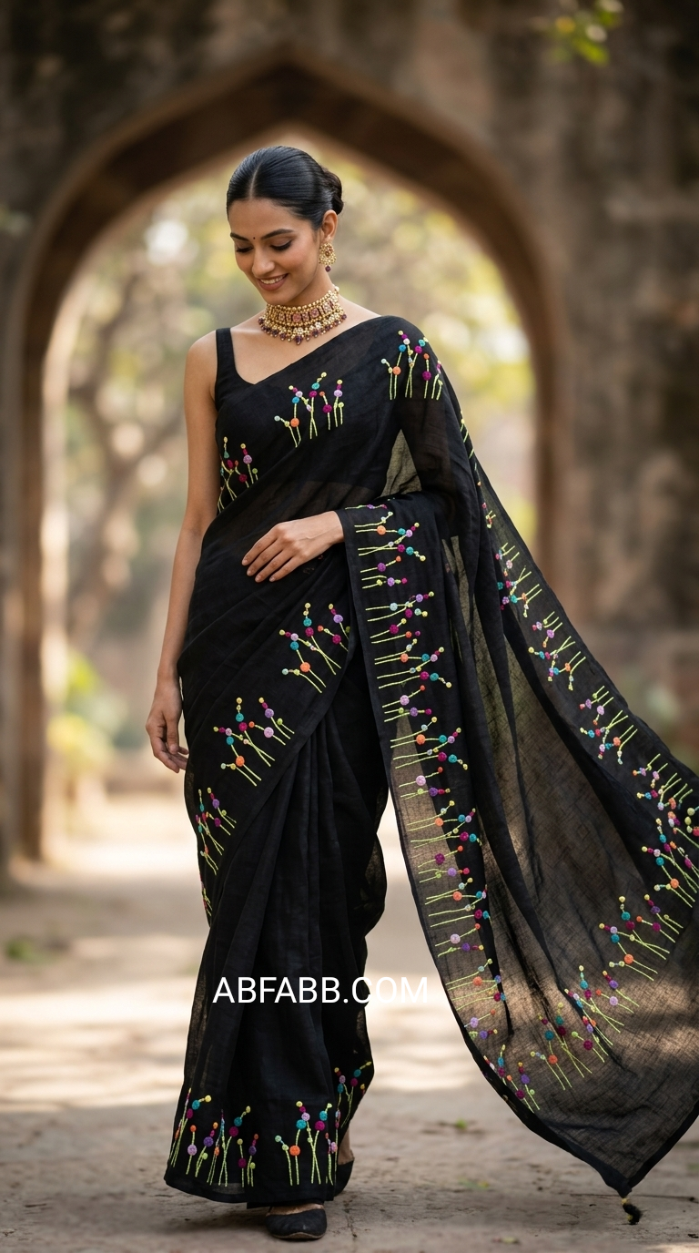 Black Midnight Wildflower Embroidery Pure Linen Saree