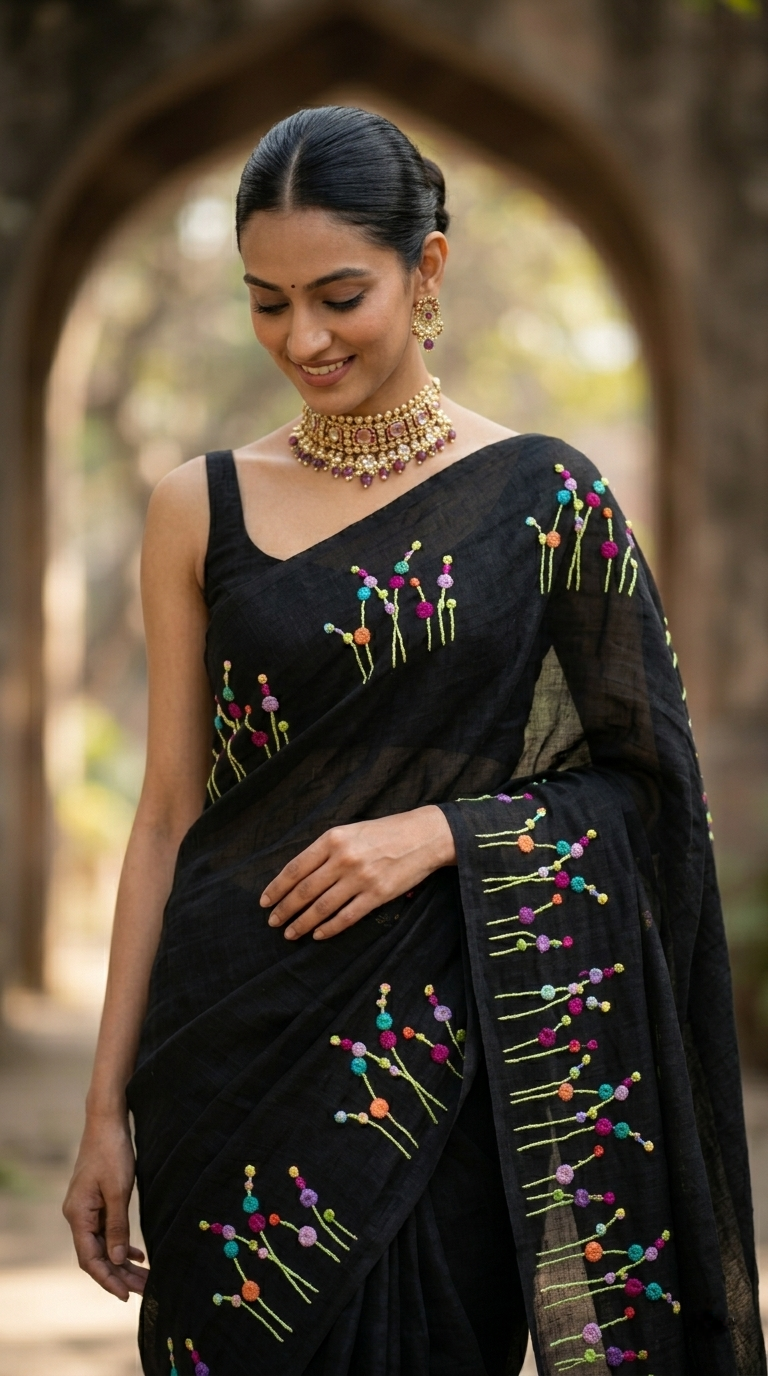 Black Midnight Wildflower Embroidery Pure Linen Saree