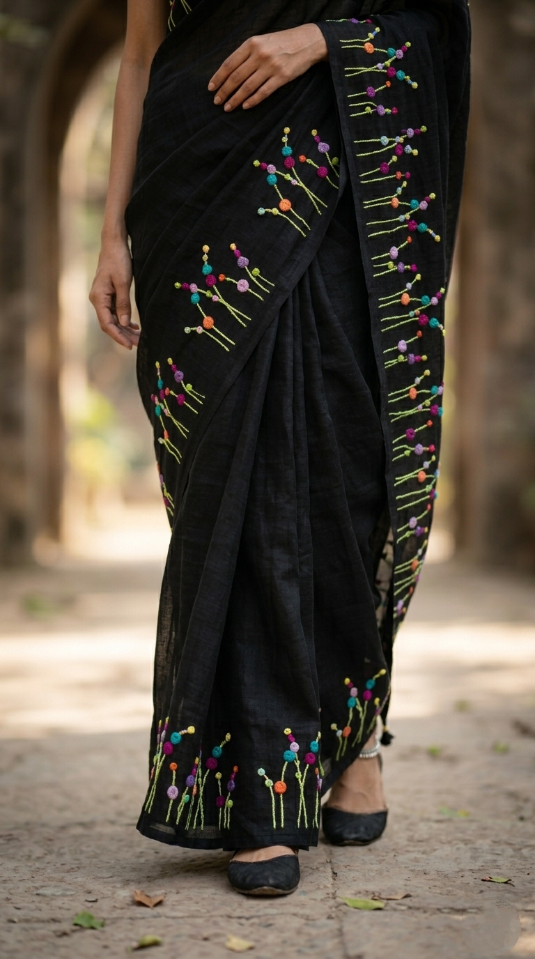 Black Midnight Wildflower Embroidery Pure Linen Saree