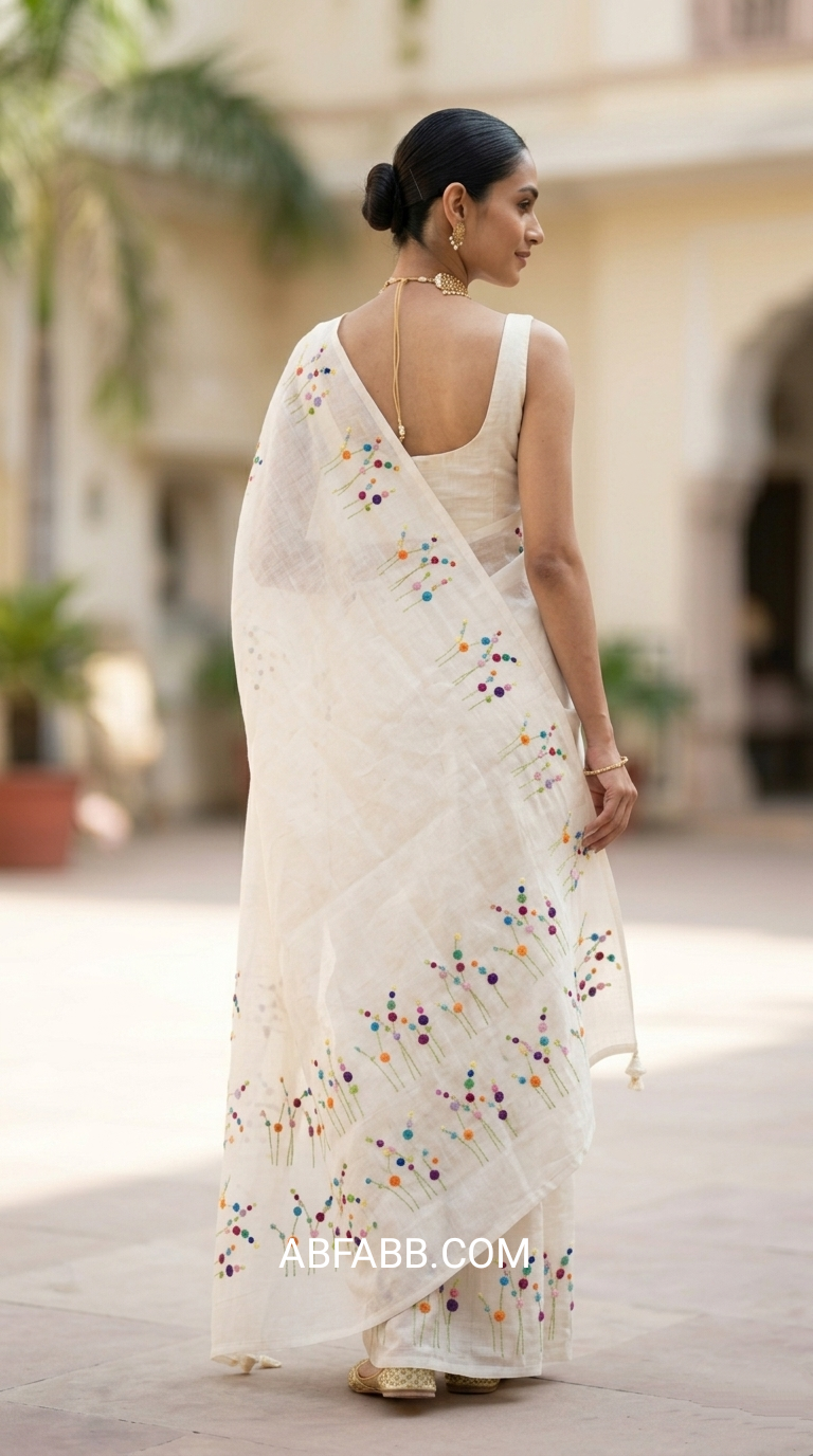 White Bloom Hand Embroidered Pure Linen Saree