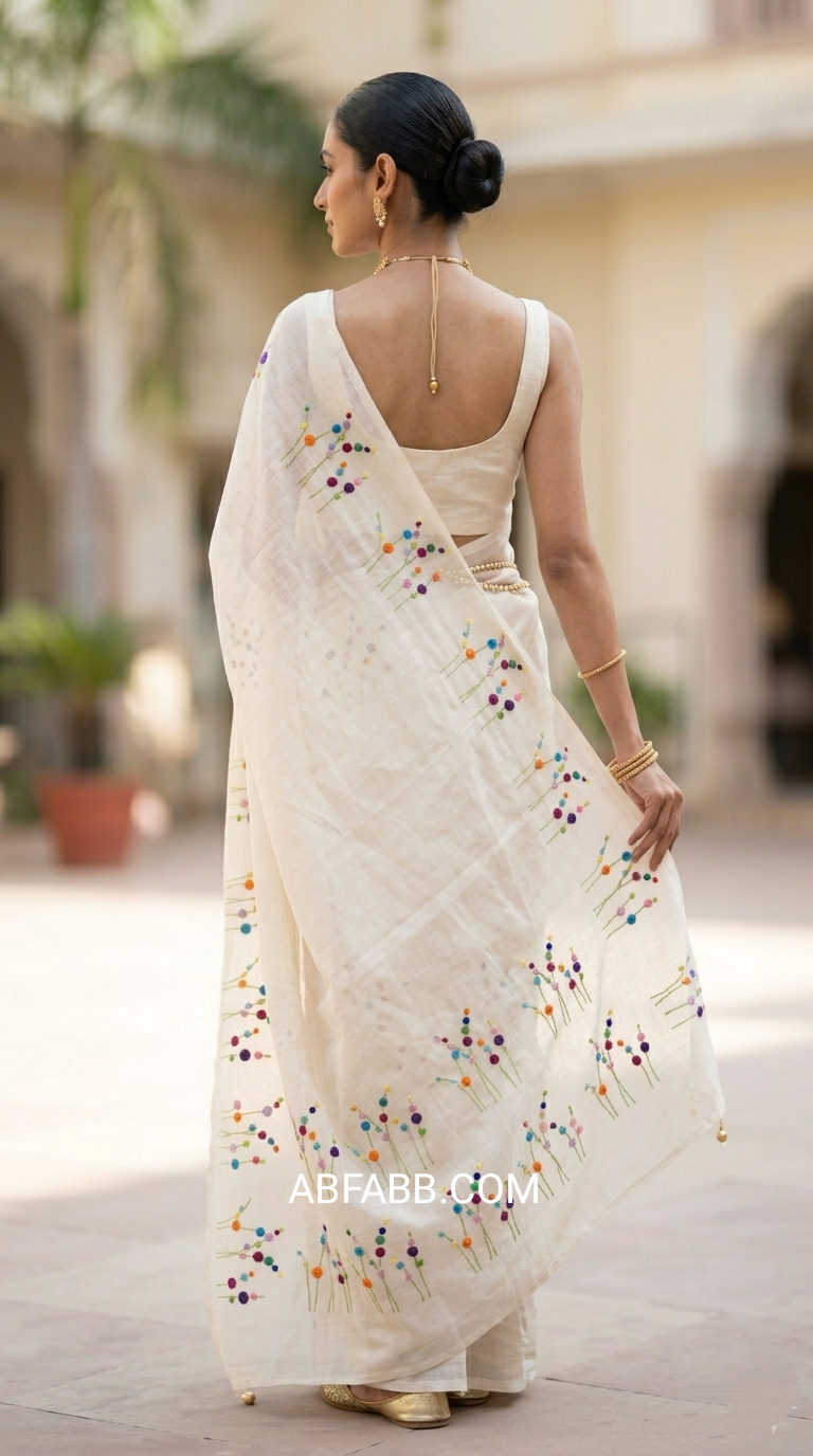 White Bloom Hand Embroidered Pure Linen Saree