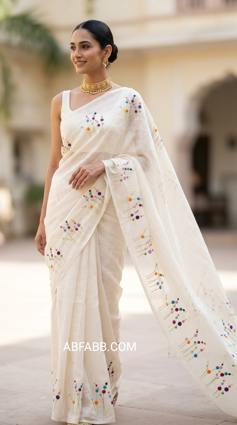 White Bloom Hand Embroidered Pure Linen Saree
