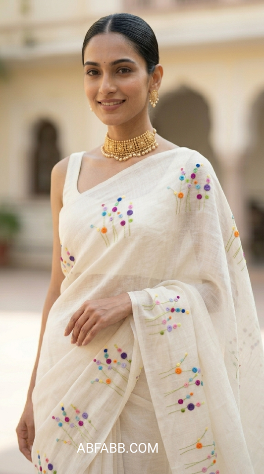 White Bloom Hand Embroidered Pure Linen Saree