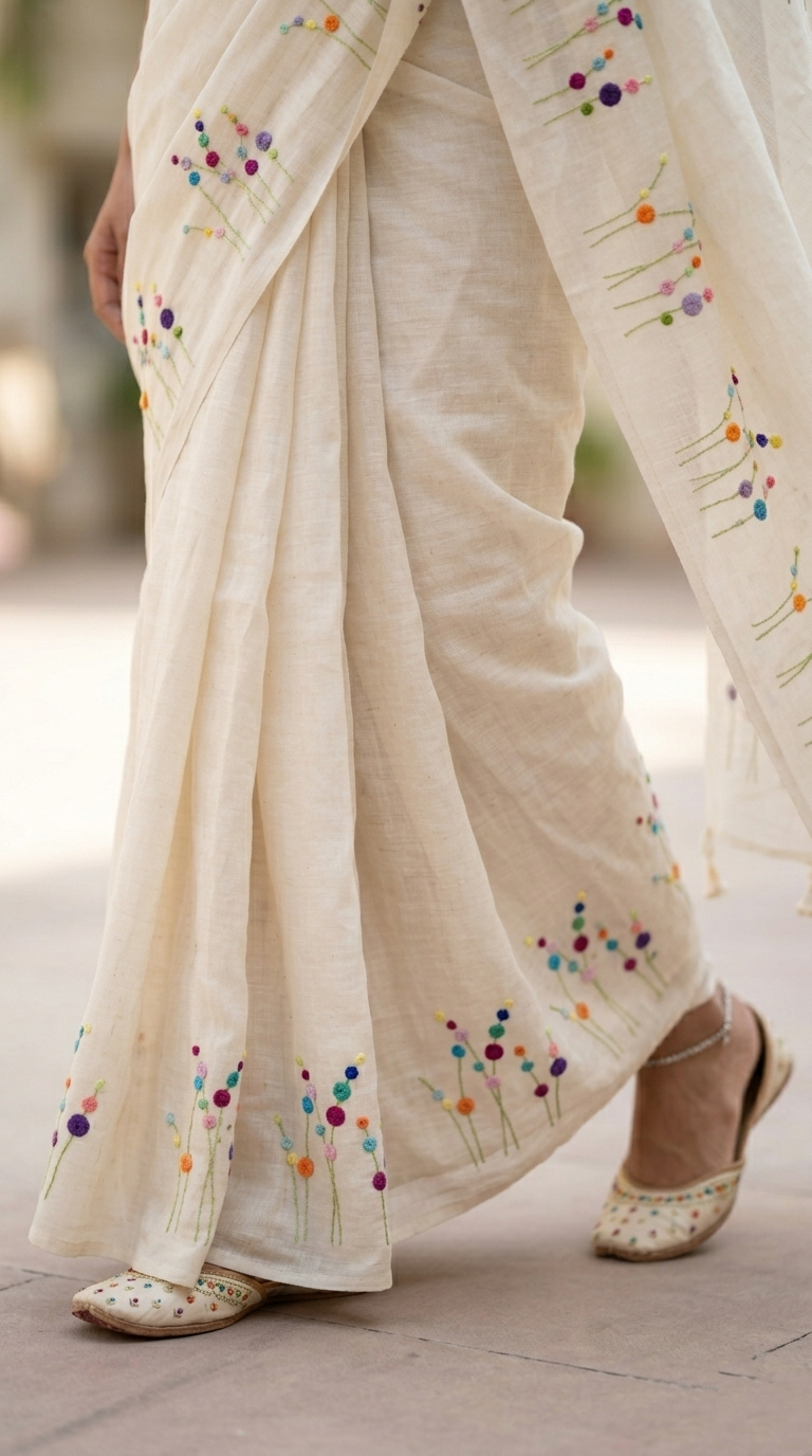 White Bloom Hand Embroidered Pure Linen Saree