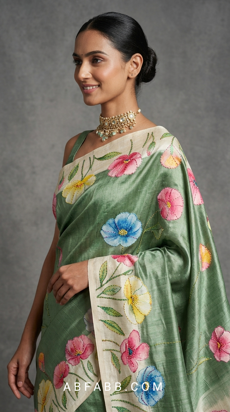 Olive Green Hand-Painted Floral Pure Tussar Silk Saree with Kantha Stitch